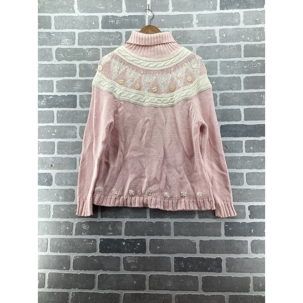 Vintage Chaus Floral Embroidered Turtleneck Sweater Cable Knit Cottagecore S